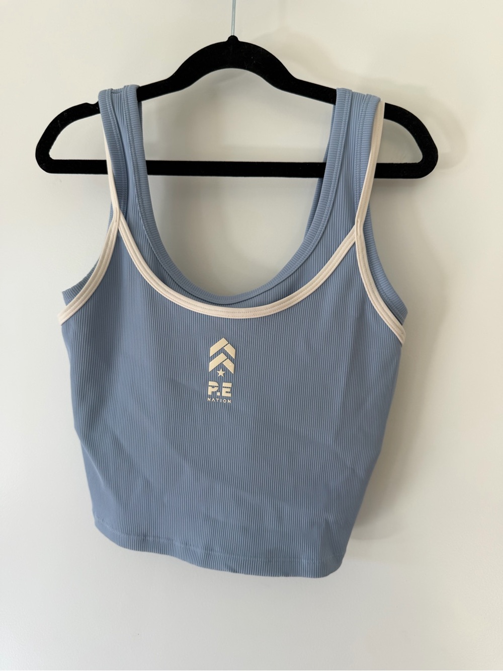 P.E Nation Blue Ribbed Cropped Athletic Tank Top White Trim